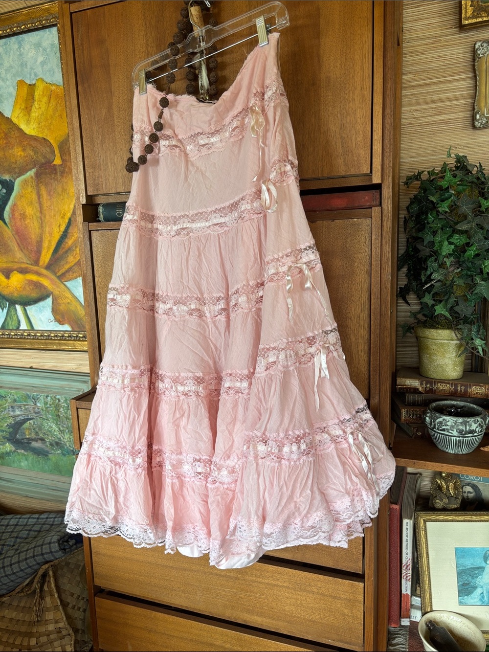 French Pink ruffled cotton shabby chic romantic prairie boho Maxi Skirt 33 LSF - Picture 5 of 7